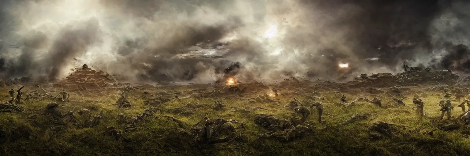 Prompt: natural looking fight landscape of ww 1 trenches, soldiers fighting with resistance aliens, green gas spreading across land, futuristic tank is on fire, ground explosion in the background, alien mothership in the sky, hyper realistic, highly detailed, dramatic lighting, raytarced, god rays, 4 k, 8 k, matte painting