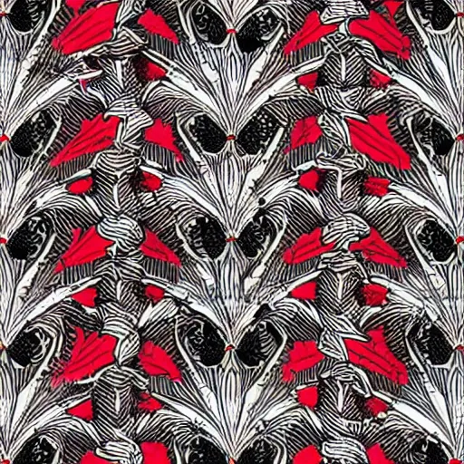 Image similar to detailed and dense concept art deco pattern of black and red blend of flowers and diamonds, bizarre compositions, exquisite detail