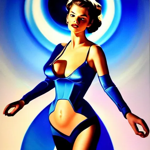 Prompt: traditional 1 9 5 0's barbara palvin in a futuristic space, blue sky art by peter lloyd, 1 9 8 0's art, airbrush style, art by hajime sorayama,, intricate, elegant, sharp focus, illustration, highly detailed, concept art