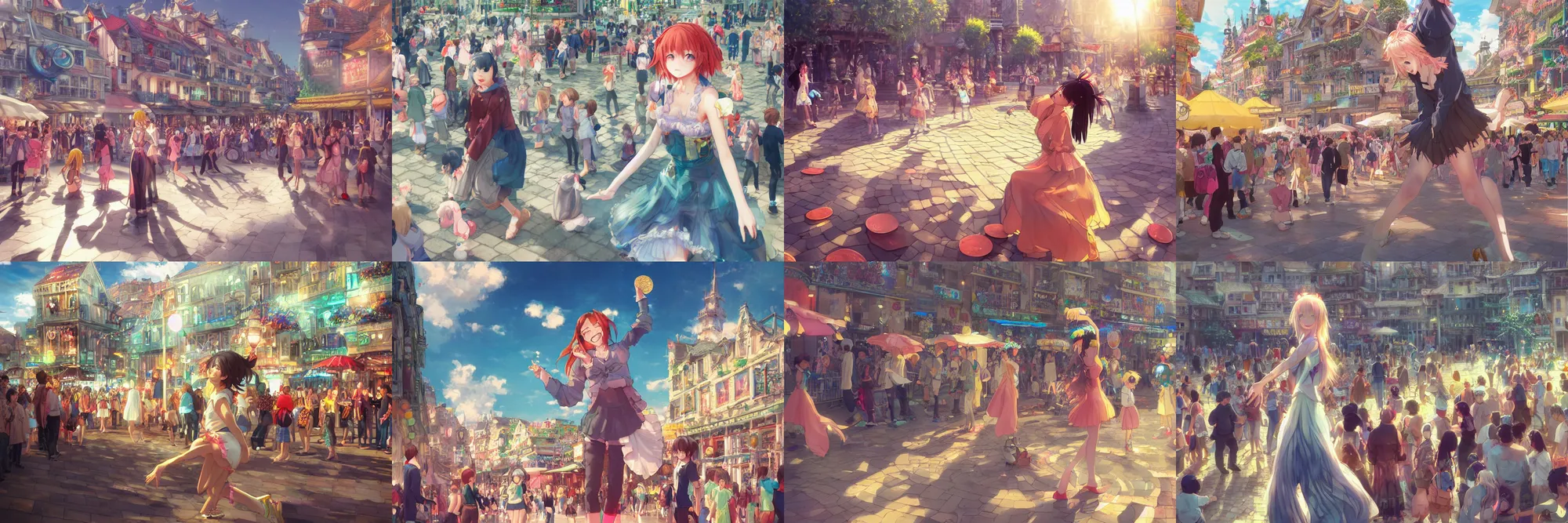 Prompt: Digital anime art by WLOP and Mobius, Town square, a dancing girl performs, happy smile, coins around her feet, large crowd, highly detailed, bright sunshine and lighting