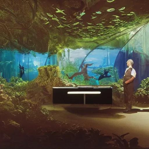 Prompt: photo by mort kunstler and annie leibovitz and monia merlo, a massive alien aquarium inside a very giant massive huge 1 9 8 0's all - in - one computer, in the middle of a giant alien jungle, 4 d, 4 k, volumetric lighting, photorealistic, light ray, ultra - detailed