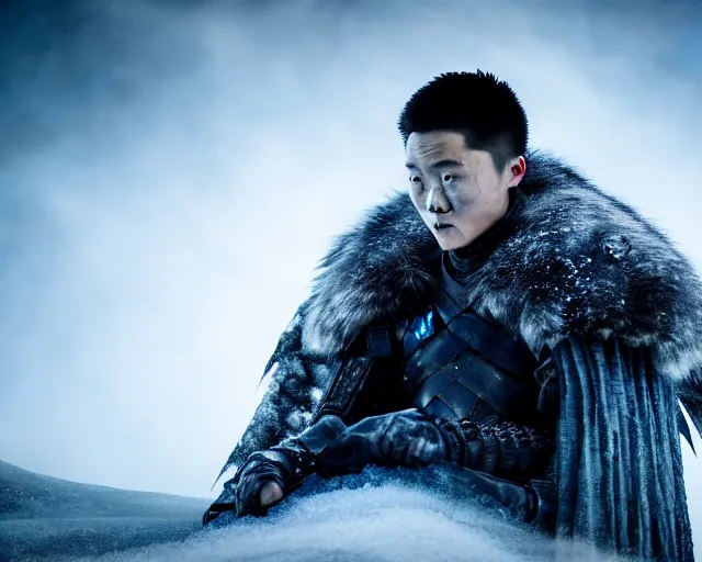 Image similar to justin sun as night king in game of thrones entombed in ice, 4 k, epic, cinematic, focus, movie still, fantasy, extreme detail, atmospheric, dark colour, sharp focus