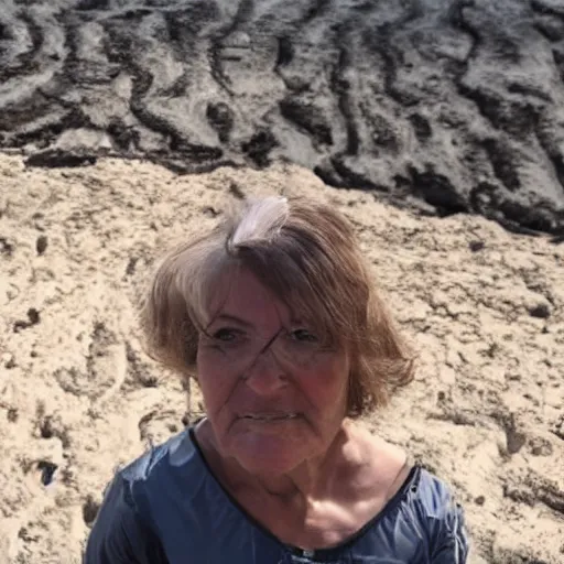 Prompt: woman poses in front of sunlit dried caked bleached mud