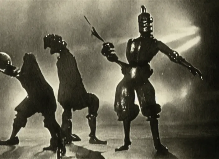 Image similar to A movie still of a 1920s silent film featuring Bender from Futurama