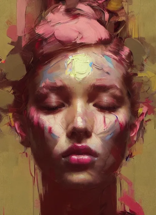 Image similar to portrait of a beautiful girl, eyes closed, open mouth, strong emotions, shades of pink, beautiful face, rule of thirds, intricate outfit, spotlight, by greg rutkowski, by jeremy mann, by francoise nielly, by van gogh, digital painting