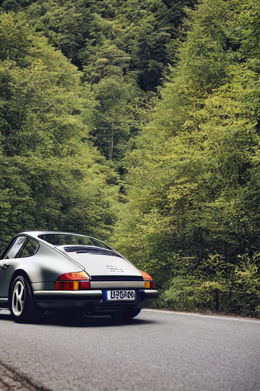 Image similar to Photo of a Porsche 911 Carrera 3.2 on a winding road through mountains and forests. Canon EOS 100, 28-80mm USM MkI, Ektachrome E100