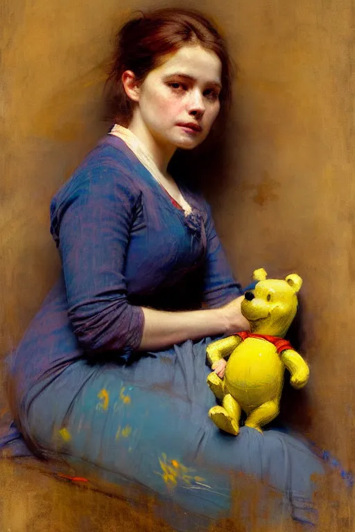 Prompt: soft colorsphotograph imax and solomon joseph solomon and richard schmid and jeremy lipking victorian loose genre loose painting full length portrait painting of winnie - the - pooh disney