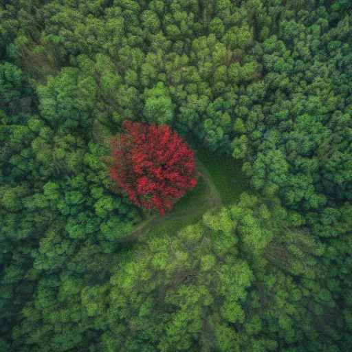 Prompt: land between trees and nowhere. red, cyan