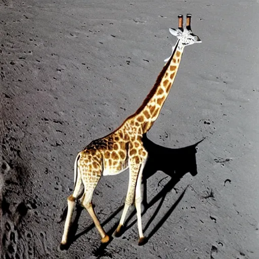 Prompt: photo of giraffe on the moon in space helmet