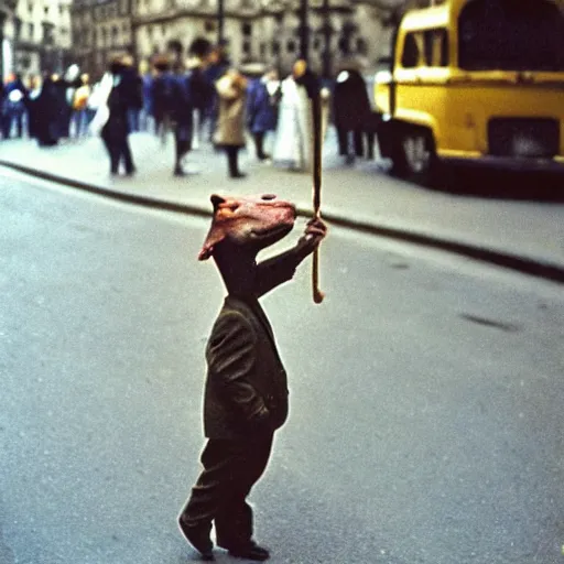 Image similar to a real photo by saul leiter of a small anthropomorphic dinosaur wearing a suit and standing in paris while holding a baguette, by helen levitt