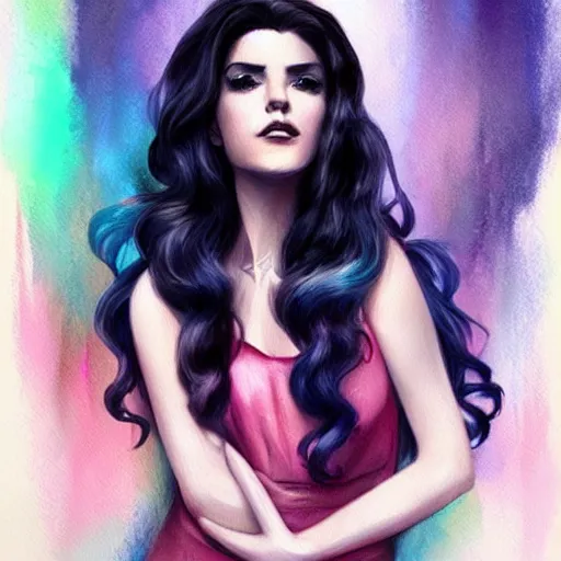 Image similar to marina diamandis, trending on arstation, by vanessa lemena dn charlie bowater, colorful pastels watercolor artwork painting