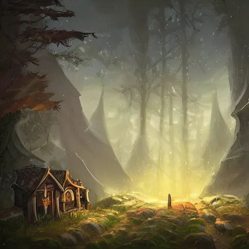 Prompt: a house, a man sitting before the house in the forest, night lighting, in hearthstone art style, epic fantasy style art, fantasy epic digital art, epic fantasy card game art