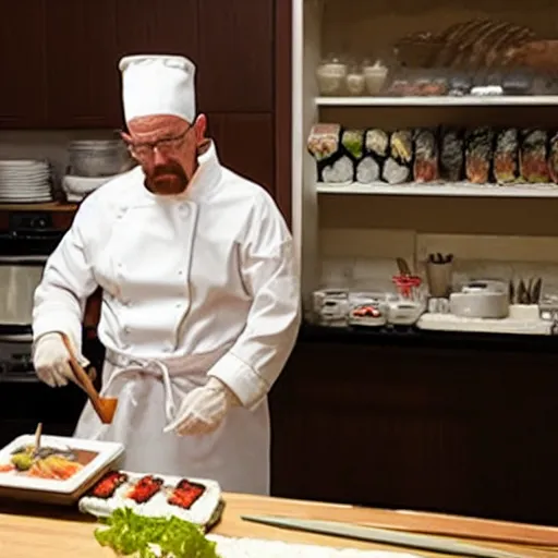 Prompt: photo of Walter white cooking sushi wearing a maid costume