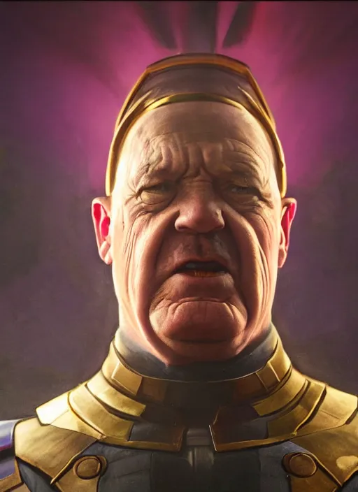 Image similar to a still of Hitler dressing up as Thanos in Avengers Endgame, purple Hitler face, coherent symmetry, realistic, sigma male, accurately portrayed, portrait art by alphonse mucha and greg rutkowski, highly detailed, digital painting, concept art, illustration, dim lighting with twilight rays of sunlight, trending on artstation, very detailed, smooth, sharp focus, octane render, close up