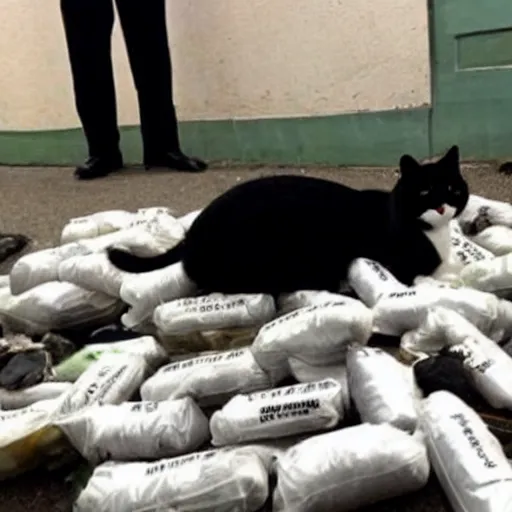 Image similar to A tuxedo cat lying on top of a pile of narcotics seized by the authorities with the police in the back, photo from the police