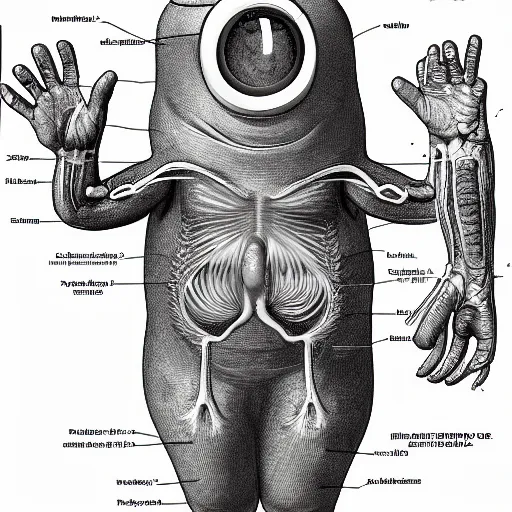 Image similar to Anatomical drawing of a Minion, with organs labeled. Highly detailed. Medical Textbook