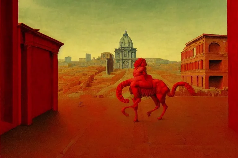 Image similar to only with red, caesar after war, a red tiger, in hoc signo vinces, rome in background, an ancient path, in the style of beksinski, part by hopper, part by rodcenko, part by hofbauer, intricate composition, red by caravaggio, insanely quality, highly detailed, masterpiece, red light, artstation