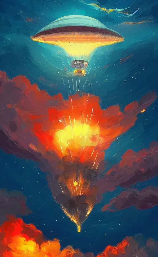 Image similar to a beautiful illustration of an airship burning in the sky at night, art of alena aenami, featured on artstation, vertical orientation, paint brush strokes, expressionism, brushstroke - laden, breathtaking clouds, birds, ocean, beautiful stars, long exposure, big moon radius, airy midnight theme, blue purple gradient, lens flare, flames and ember