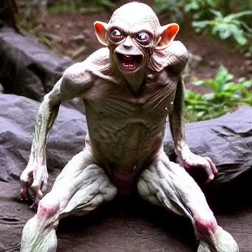 Prompt: gollum has giant chicken legs instead of his legs