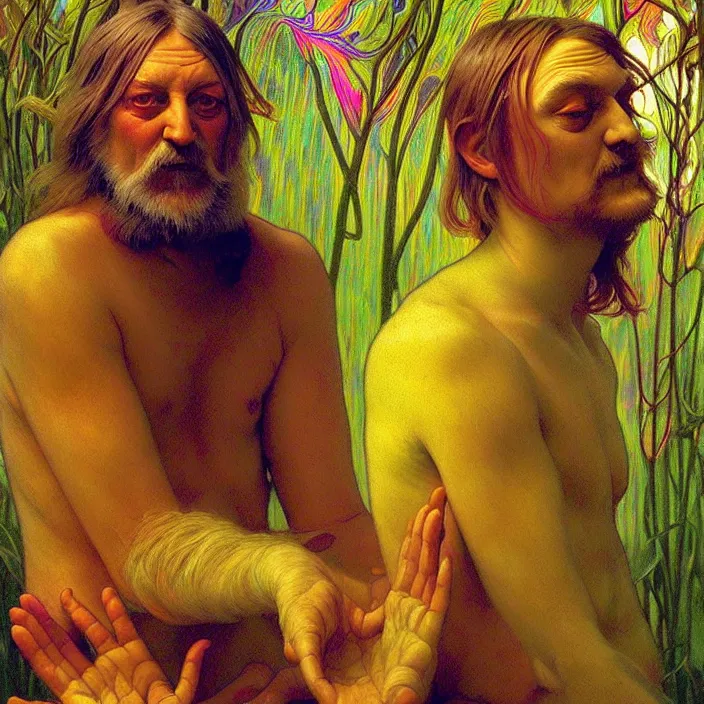 Image similar to bright psychedelic photo of robert wyatt tripping on lsd, diffuse lighting, fantasy, intricate, elegant, highly detailed, lifelike, photorealistic, digital painting, artstation, illustration, concept art, smooth, sharp focus, art by John Collier and Albert Aublet and Krenz Cushart and Artem Demura and Alphonse Mucha
