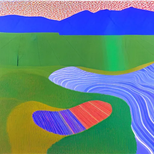 Image similar to a wild modernist landscape painting filled with energy patterns rippling in all directions, mountains, rushing water, saturated colors. David Hockney.