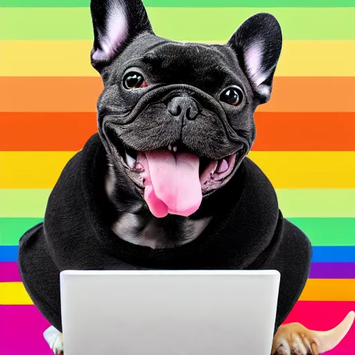 Prompt: rainbow excited smiling french bulldog using a computer. pop art.