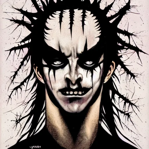 Prompt: Full-body detailed print of man wearing corpse paint and a crown on thorns with long black hair, tears of blood. Wide angle shot at night. Artwork by Junji Ito and dan Mumford
