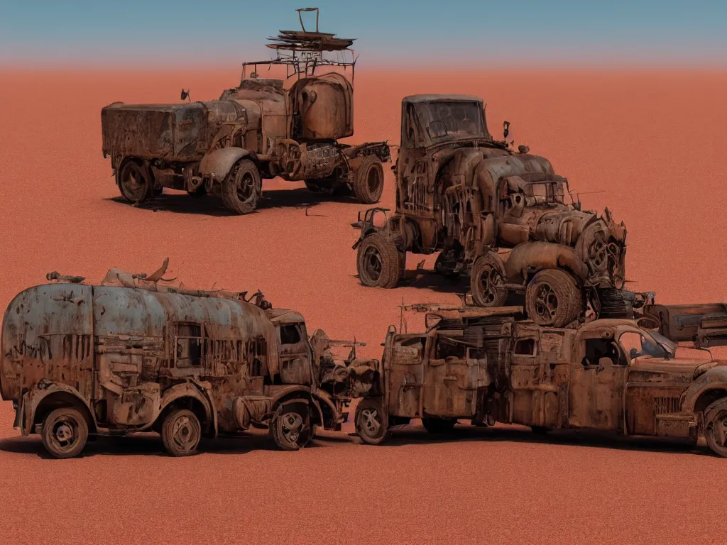 Image similar to steampunk truck in the australian desert, mad max, red sand, clear blue skies, sun rays, heat haze, blistering heat, uhd movie still, two point perspective, hills on the horizon, goanna, parched, cracked earth, post - apocalyptic