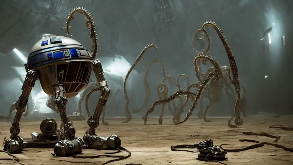 Prompt: r 2 d 2, mixed with an eldritch horror monster, with mechanical tentacles, film still from the movie directed by denis villeneuve with art direction by salvador dali