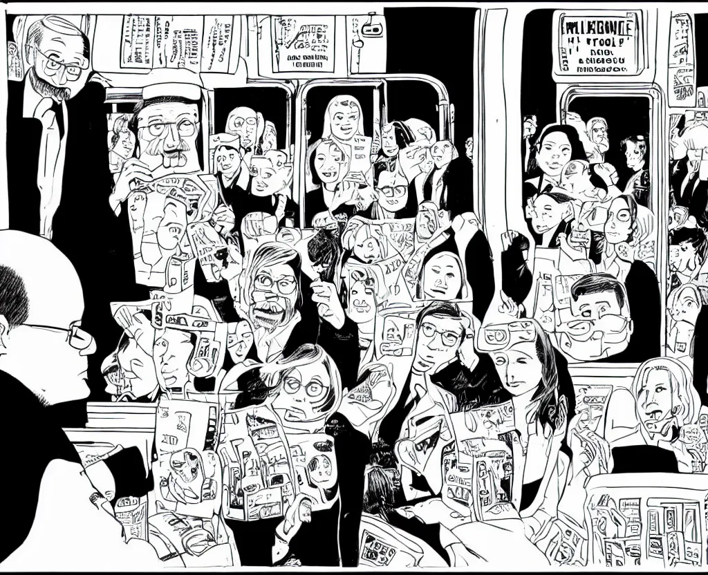 Image similar to a tight detailed ink drawing in the style of Daniel Clowes and Adrian Tomine and Gabrielle Bell, 3/4 view wide shot of only two people: a sad woman in a parka who looks like Aubrey Plaza, sitting 3 feet from a friendly middle-aged German businessman in a suit, with short blond hair and mustache, in a an empty Chicago subway train