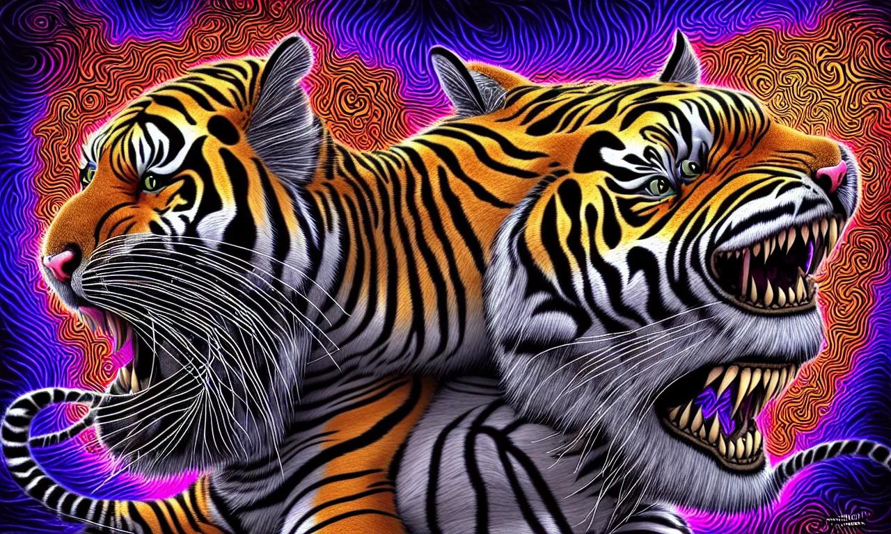 Image similar to a wonderful digital art of a magical tiger, elemental cat, sequential feline, interdimensional galactic fractal mathematics just for practice in the style of junji ito and escher, psytrance and giger, artstationhq, magic realism, 8 k, ornate, detailed