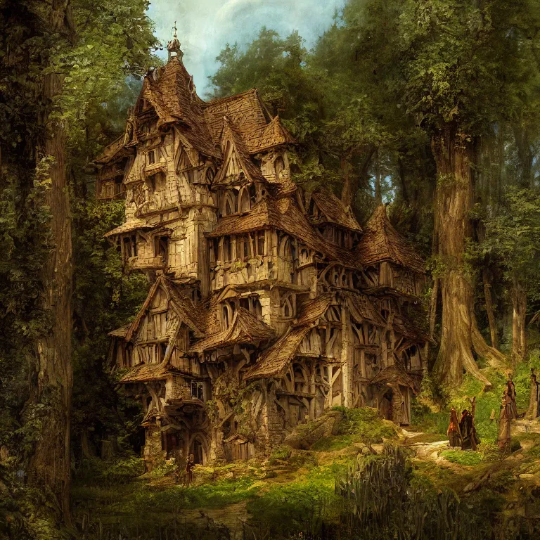 Prompt: a detailed painting of a medieval building in forest. fantasy poster. lord of the rings style. cinematic fantasy scene. fantasy. carl spitzweg. renaissance elements. renaissance element. oil painting. award winning. trending on artstation. 8 k