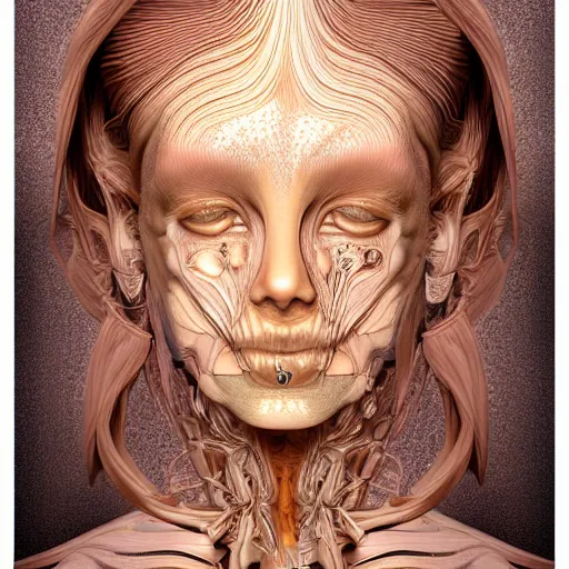 Image similar to beatifull face portrait of a woman, 150 mm, anatomical, flesh, flowers, mandelbrot fractal, facial muscles, veins, arteries, intricate, golden ratio, full frame, microscopic, elegant, highly detailed, ornate, ornament, sculpture, elegant , luxury, beautifully lit, ray trace, unreal, 3d, PBR, in the style of peter Gric , alex grey and Romero Ressendi