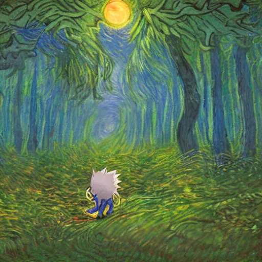 Prompt: sad ominous painting of detailed sonic the hedgehog in the woods at night, in the style of studio ghibli and moebius and claude monet and vincent van gogh