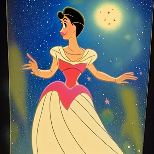 Image similar to disney film cel ( 1 9 5 9 ), hispanic princess looking up dreamily at the stars, glen keane, colorful