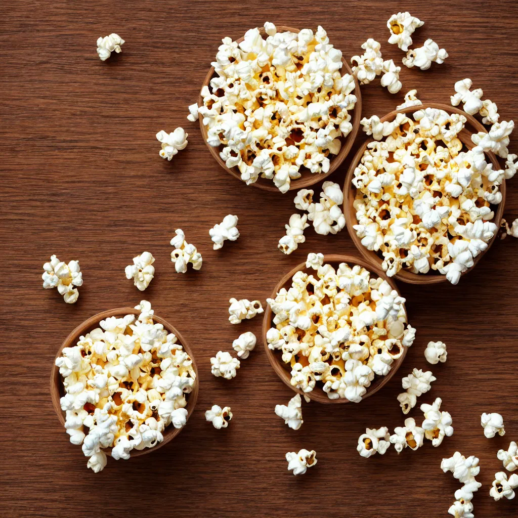 Image similar to top down view with popcorn on top of a wooden table, wallpaper, 4k, photorealistic