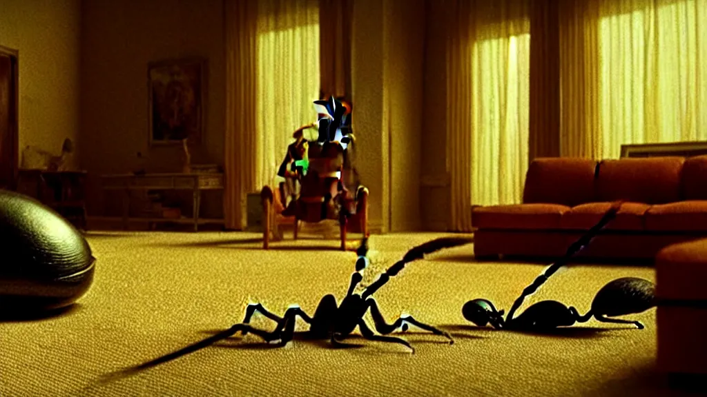 Image similar to the giant ant in the living room, film still from the movie directed by Denis Villeneuve with art direction by Salvador Dalí, wide lens