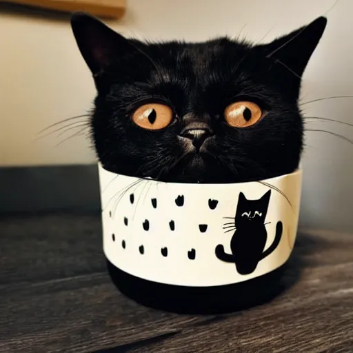 Prompt: a cute black cat sleeping inside of a jar