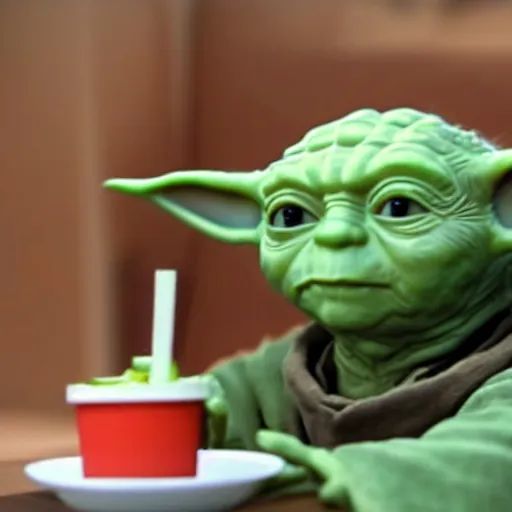 Image similar to A still of Yoda eating a Big Mac, 4k, photograph, ultra realistic, highly detailed, studio lighting