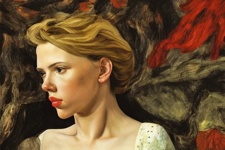 Prompt: a beautiful portrait of scarlett johansson painted by lucian freud and arnold bocklin