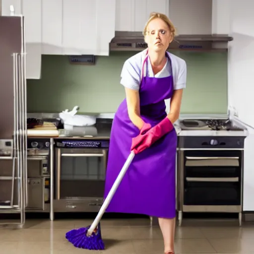 Image similar to a woman in a purple dress cleaning a kitchen, a stock photo by frieke janssens, shutterstock contest winner, feminist art, contest winner, stock photo, creative commons attribution