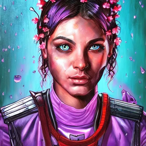 Image similar to an epic fantastic realism comic book style portrait painting of a purple - eyed girl, cherry blossom rain everywhere, apex legends,