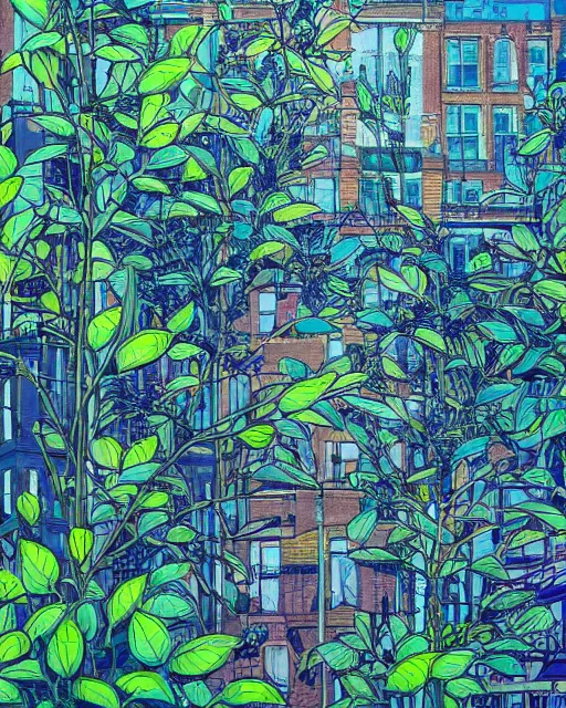 Image similar to london street scene by james jean, green plants, blue light, fine details