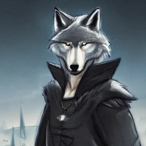 Image similar to an anthropomorphic wolf in a black doublet looking out over the hills, artstation hq, stylized, sharp focus, concept art, furaffinity fursona, furry, anthropomorphic, digital art by ayami kojima