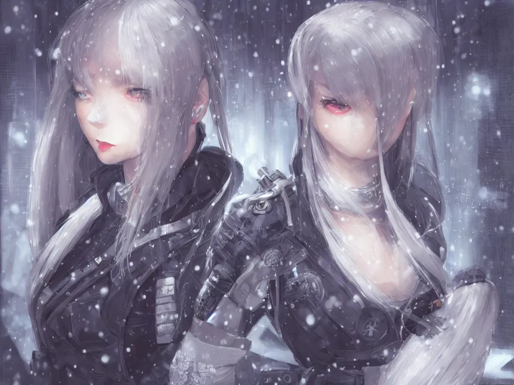 Image similar to portrait cyber warrior girl, grey hair dieselpunk wardrobe, in tokyo street cyberpunk snowy night, ssci - fi and fantasy, intricate and very very beautiful and elegant, digital painting, pixiv, concept art, smooth, illustration, art by yam and luker and yoda and ライコ and zumi and shal. e trending on pixiv