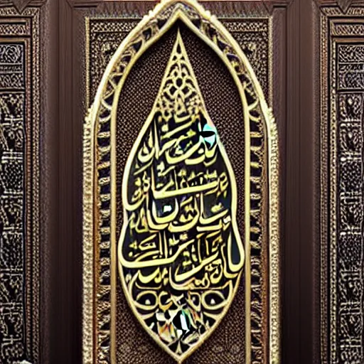 Prompt: gorgeous ornated bronze realistic detailed holy makkah wall decoration with filigree, islamic calligraphy