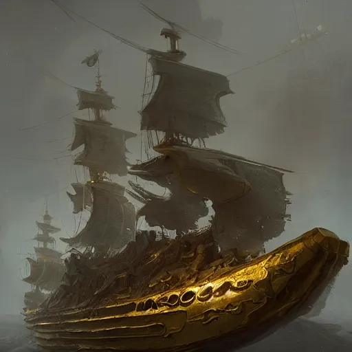 Image similar to detailed gold pirate ship by greg rutkowski, enigmatic atmosphere, beautiful and cinematic lighting, artstation hq.