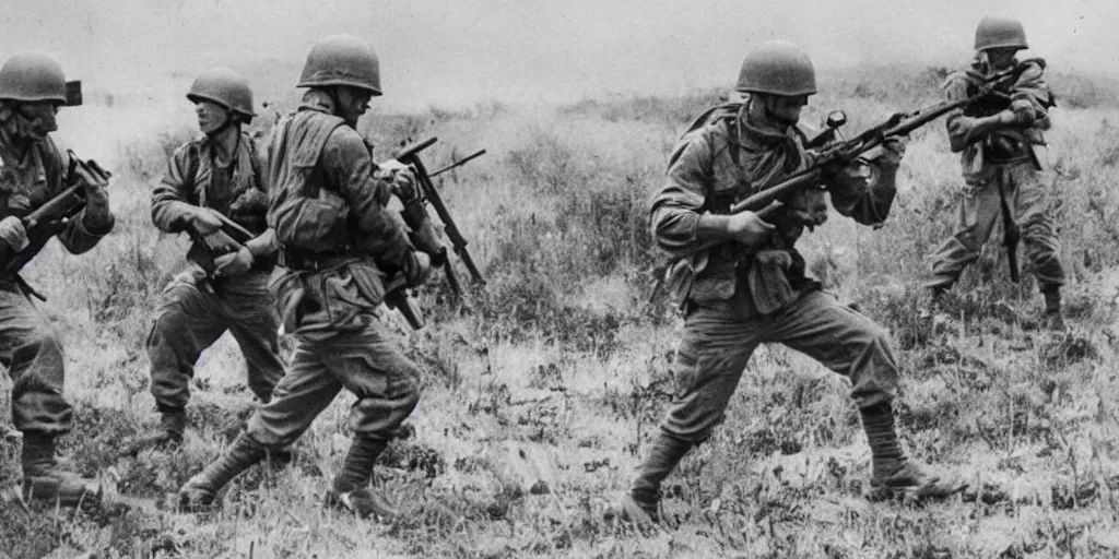 Prompt: vintage photo of world war two army rangers engaged in fierce firefight with annunaki invasion forces, detailed