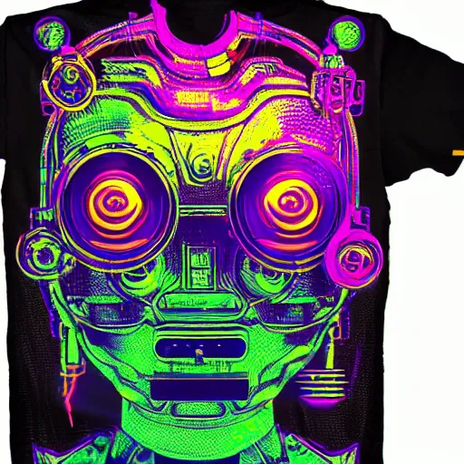 Image similar to mockup of a tshirt with a hyperdetailed portrait of a steampunk robot on lsd, 8 k, symetrical, flourescent colors, trippy mood, multicolored,