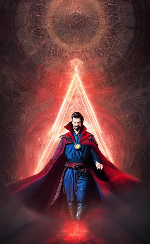 Image similar to epic doctor strange wallpaper, black and red suit, dynamic lighting, photorealistic fantasy concept art, trending on art station, stunning visuals, terrifying, creative, cinematic